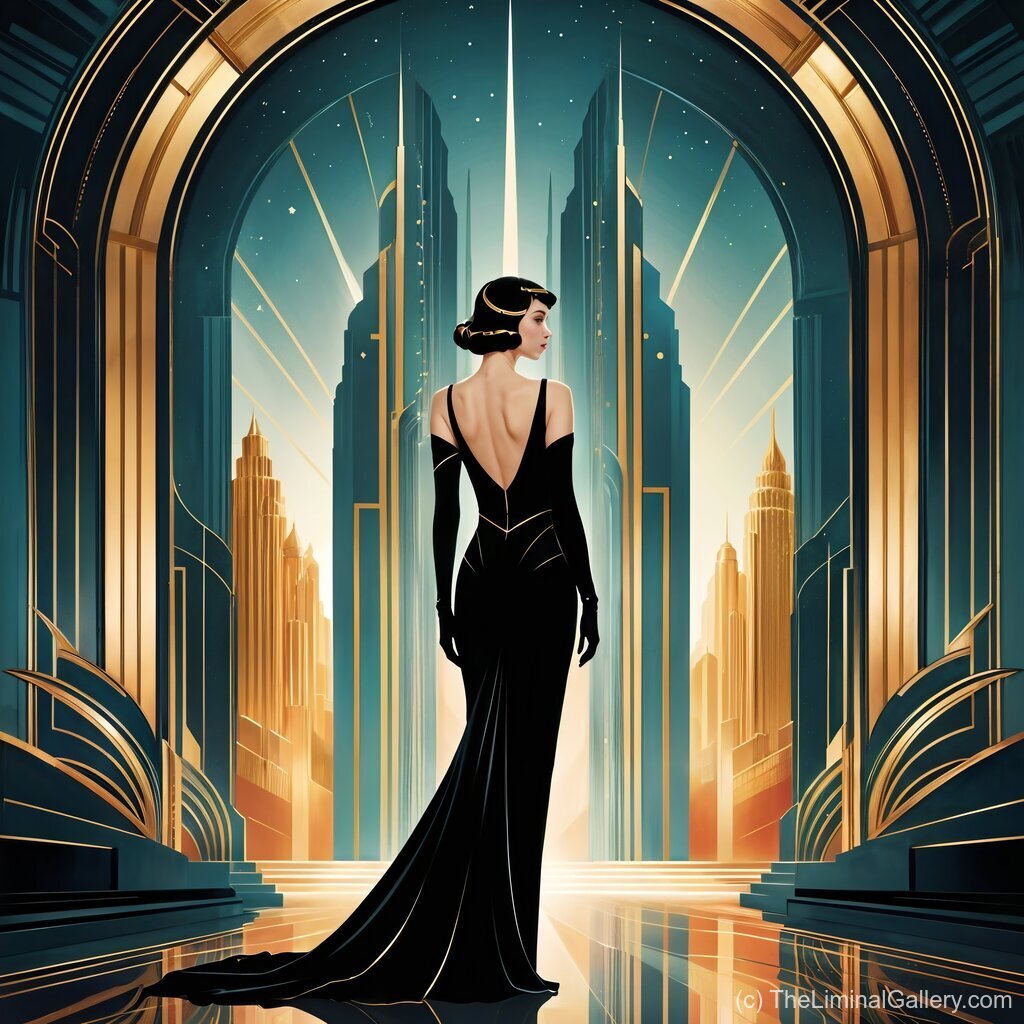 A glowing art deco dreamscape of golden radiance, blending nostalgic elegance with timeless beauty.